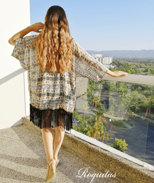 Kimono Midi Animal Print Tono Beige Con Fleco - Image 2